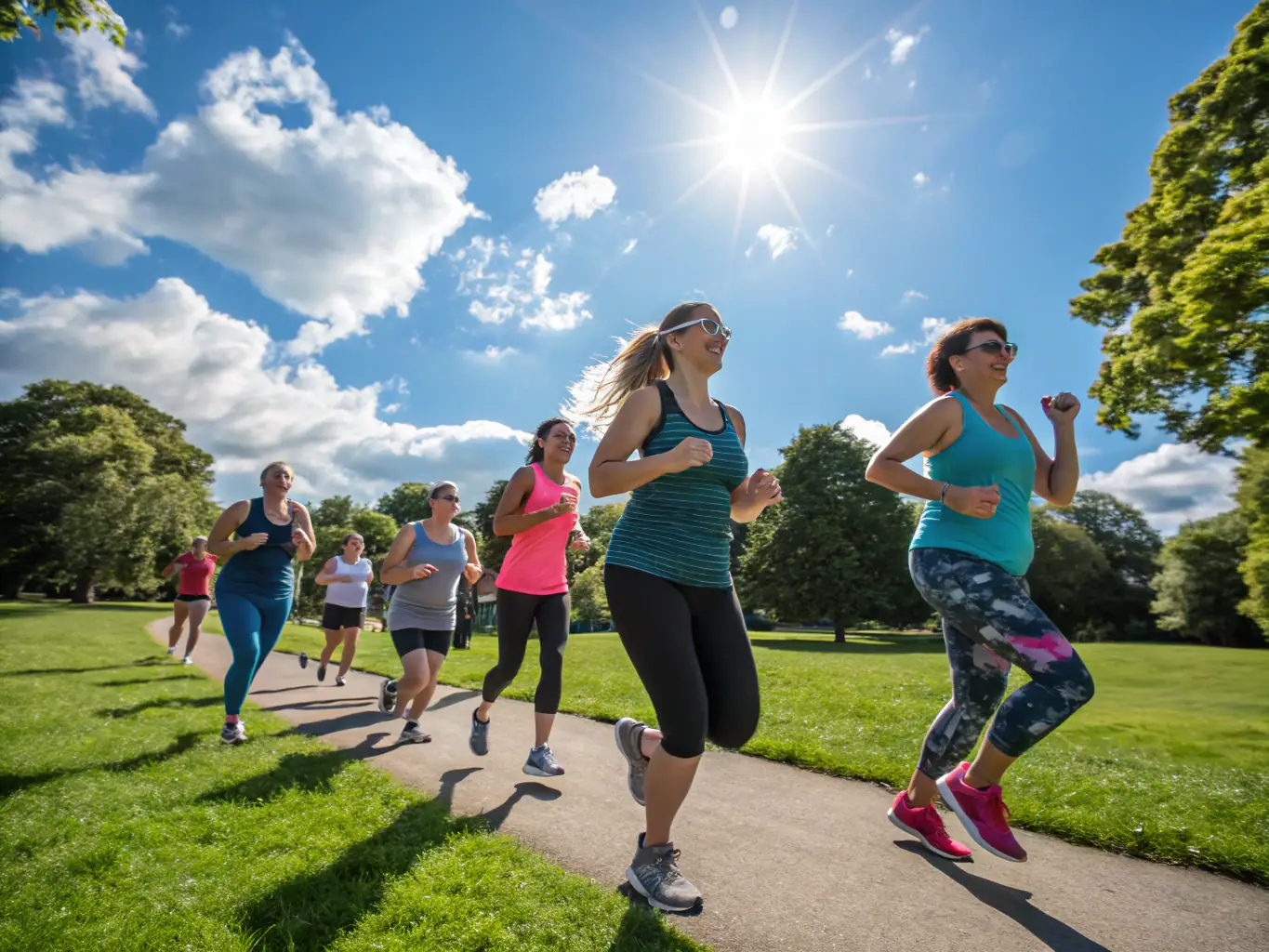 A vibrant image of a diverse group of people participating in a BESAFE COACHING fitness session outdoors, showcasing teamwork and community spirit.