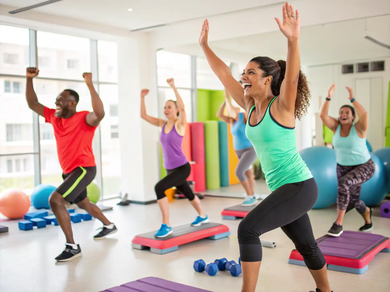 A group of people participating in a fitness class, led by a BESAFE COACHING instructor, showcasing community and group support.