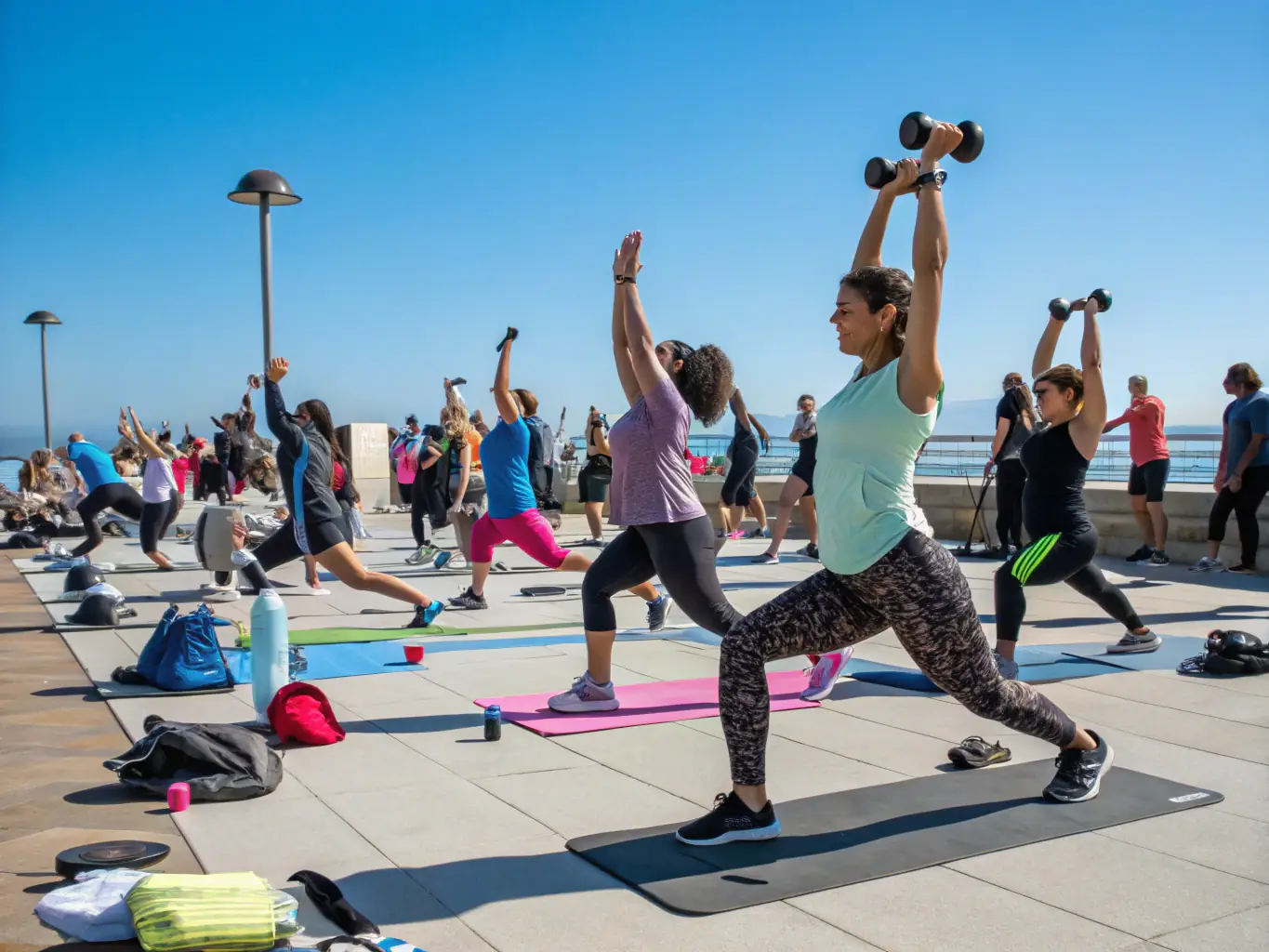A diverse group of people participating in a group fitness class outdoors, led by a certified BESAFE COACHING instructor, showcasing the community aspect of the program.
