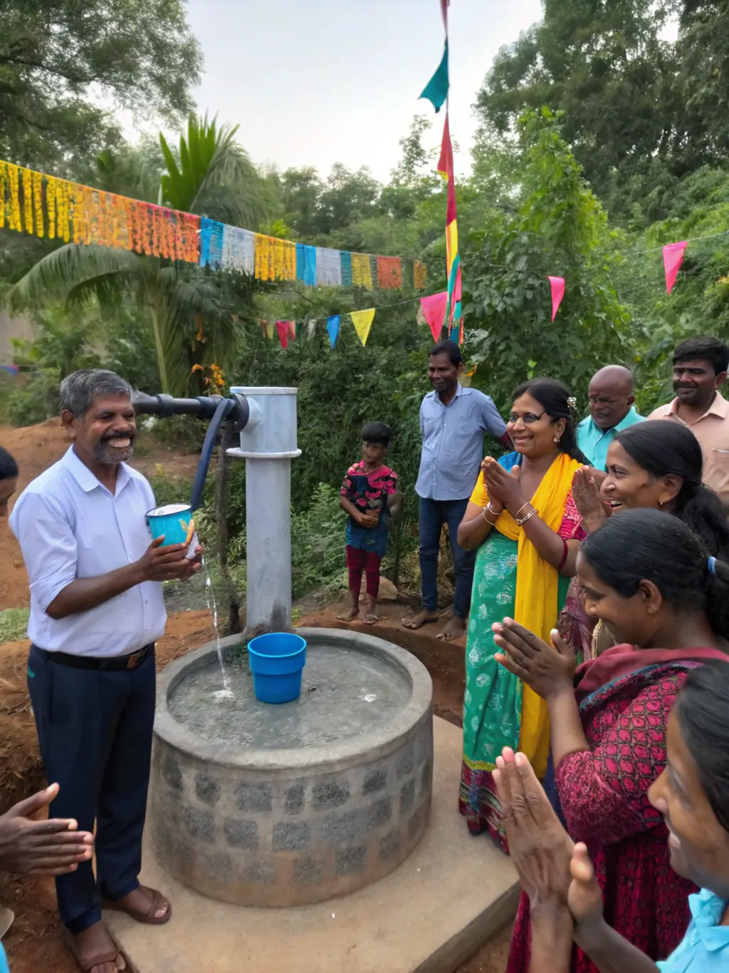 A clean water project in a remote village, with community members celebrating the installation of a new well, symbolizing CCFD's efforts to improve access to clean water and sanitation.