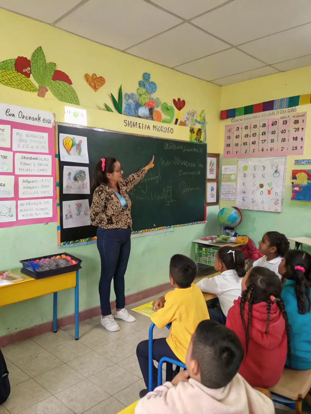 A classroom scene in a CCFD-supported school, with children actively participating in a lesson and a dedicated teacher guiding them, highlighting the importance of education.