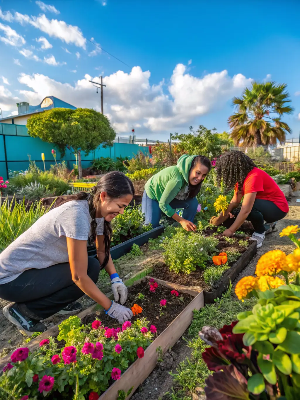 A vibrant photo of a community garden project in a rural village, showcasing diverse vegetables and smiling community members working together, representing CCFD's commitment to sustainable agriculture.